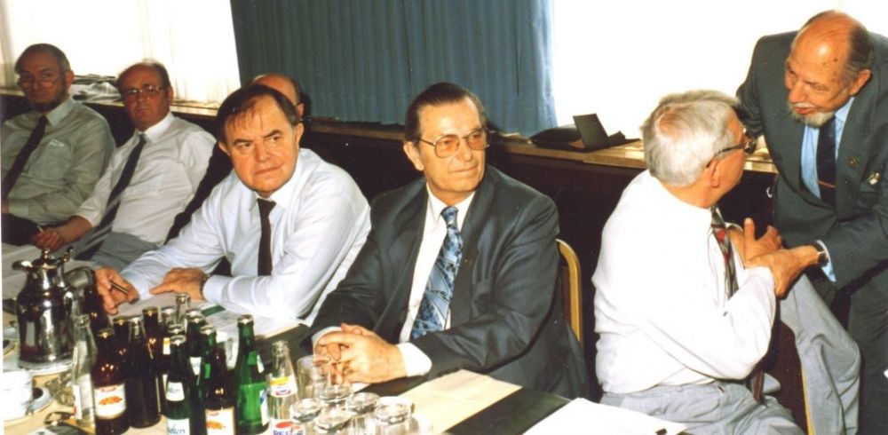 von links: Wilhelm Kreft, Erich Sauer, Gustav Mogler (verdeckt), Emil Ludin, Werner Liniger, Emil Rellstab, Emil W. Mewes (BDPh), 1986.jpg
